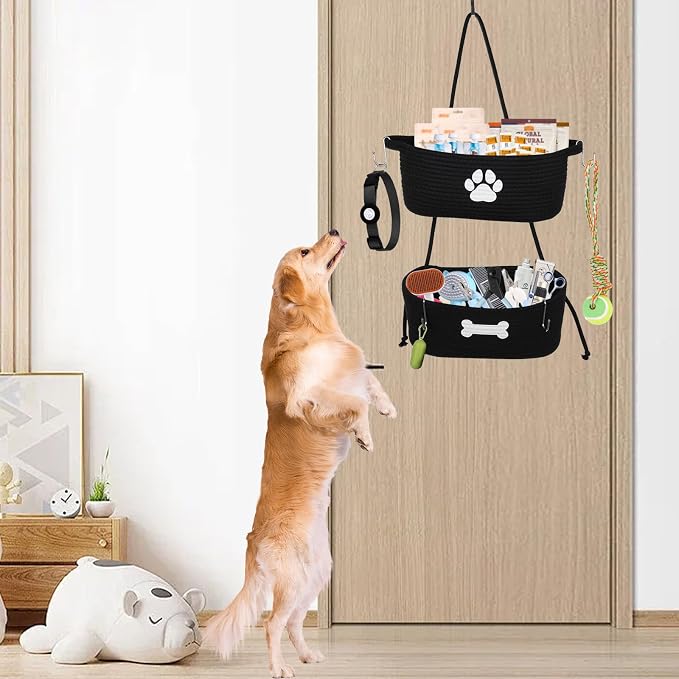 2-Tier Dog Baskets,Over Door Hanging Oganizer for Pet Stuff with Metal Hooks,Cotton Rope Wall-Mounted Storage Organizer for Dog Leash/Harness/Small Toys/Trash bag - Black