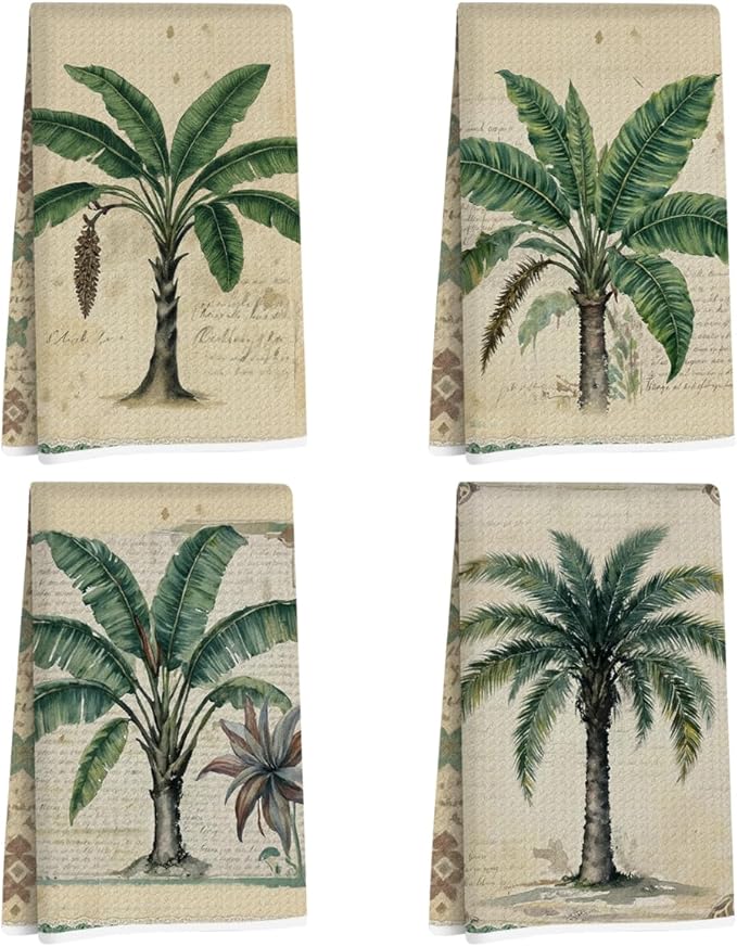 4 Pcs Vintage Banana palm Tree Kitchen Towels, Rustic Charm Decorative Absorbent Microfiber Dish Cloth Tea Towel, Waffle Soft Hand Towels for Farmhouse Home Bathroom Kitchen Decor, Housewarming Gifts