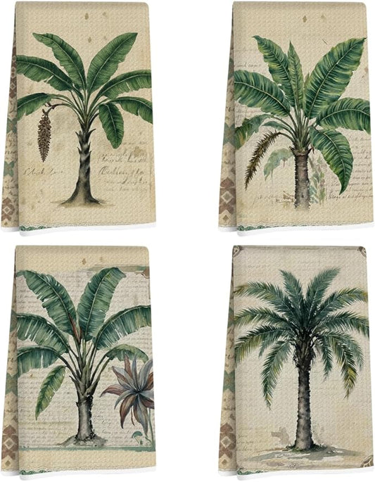 4 Pcs Vintage Banana palm Tree Kitchen Towels, Rustic Charm Decorative Absorbent Microfiber Dish Cloth Tea Towel, Waffle Soft Hand Towels for Farmhouse Home Bathroom Kitchen Decor, Housewarming Gifts
