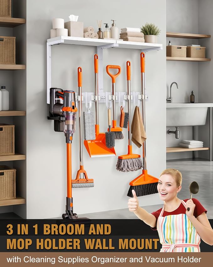 Large Broom Holder Wall Mount with Shelf, Vacuum Organizer, 5 Slots 5 Hooks | White, 3-In-1 Wall Mount Stores Brooms/Mops/Vacuum, Cleaning Supplies With 5 Grippers/5 Hooks And A Sturdy Wooden Top Shelf