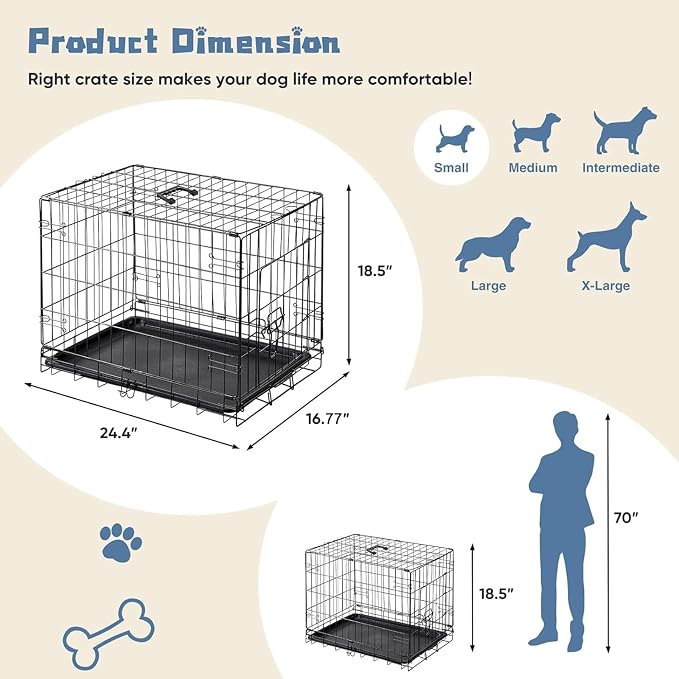 DUMOS Dog Crate 24 Inch, Foldable Puppy Small Dog Cage Pet Kennel | Single Door Metal Wire, Plastic Leak-Proof Pan Tray, Portable Indoor Outdoor Training Travel