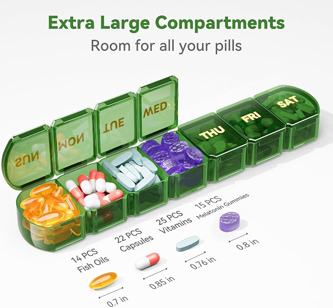 Large Pill Organizer Weekly - 7 Day Compartments with Easy-Open Design | SHIJOINYU XL Pill Box with High-Capacity, Daily Medicine Pill Organizer for Vitamins, Supplements, Fish Oils