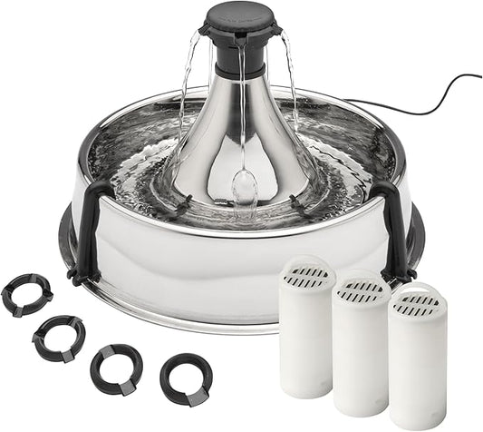 PetSafe Stainless Multi-Pet Fountain with Carbon Filters Great for Multiple Pet Households Customizable Stream Options Scratch and Rust Resistant 128 Oz Water Capacity Fresh, Filtered Water