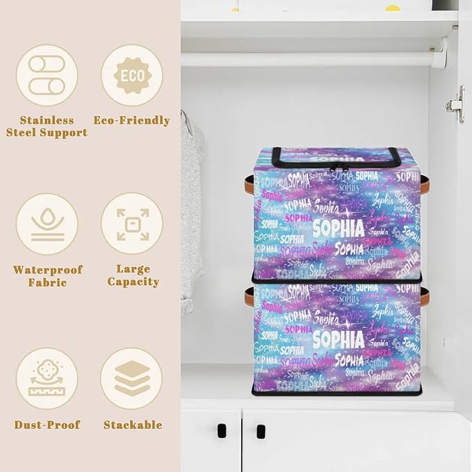 Custom Rectangle Storage Basket Zipper Lid, Personalized Name Organizer Bin for Pet/Children Toys, Books, Clothes, Perfect for Rooms/Playroom, Purple Blue Galaxy with Stars