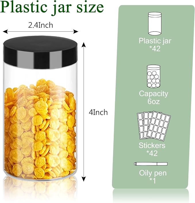 Hajoyful Plastic Jars with Lids 6OZ 42PCS Small Empty Slime Cosmetics Containers Clear Gift Food Jars Round PET Cream Jars with Black Lids Pen Labels for Kitchen Storage Spices Dry Food Body Butter