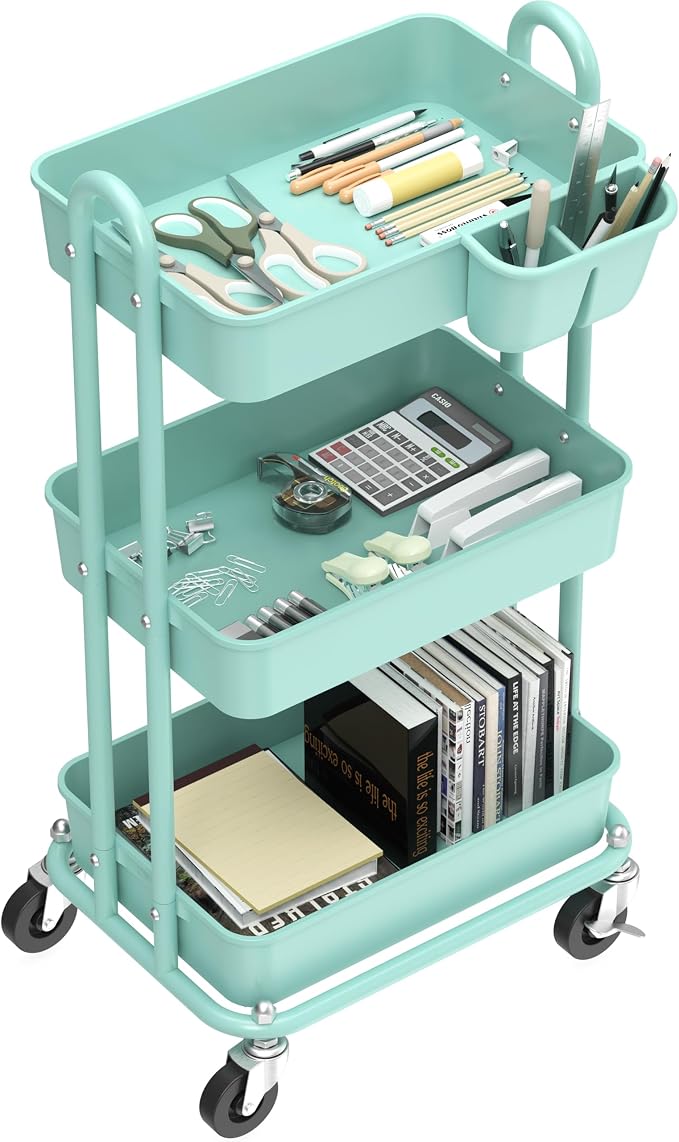 Simple Houseware 3-Tier Rolling Utility Cart with Hanging Bucket, Turquoise | Storage for Bathroom, Kitchen, Office, Study Room, Nursery Diaper