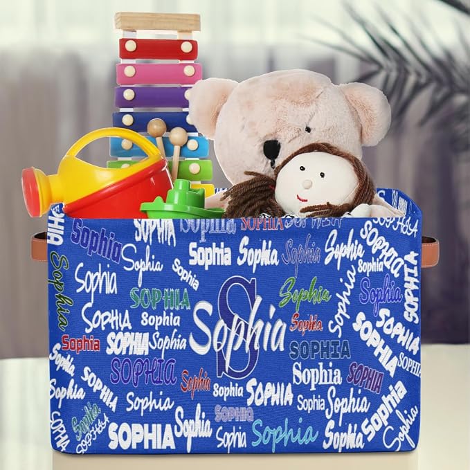 Custom Name Storage Bin, Personalized Rectangular Storage Basket with Handles for Organizing Boys Girls Toys Office Closet Shelf Baskets Royal Blue Solid Color