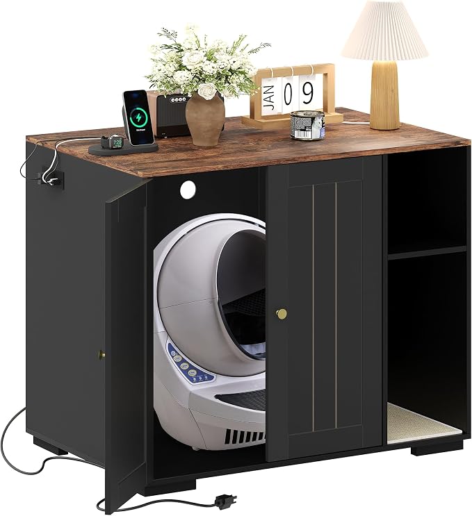 Large Robot 4 Litter Box Enclosure Cabinet with Built-in Power Outlet | Automatic Self‑Cleaning Litterboxes Furniture, Dog‑Proof Shelf, Robot Cabinet for Litter Box Black