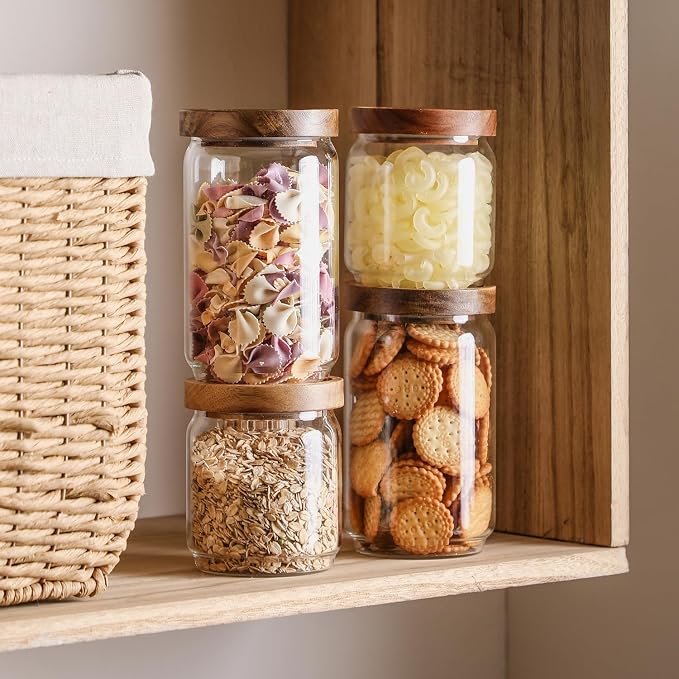 Glass Storage Jars with Wood Lids 25 Oz | Ktichen Food Containers Airtight Canisters for Coffee Beans/Sugar/Nuts