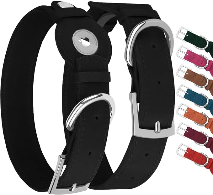 Leather Dog Collar with Airtag Holder - Apple Air Tag Dog Collars - Soft Tracking GPS Pet Collar for Small Medium Large Dogs Breed Puppy (Black, XL, 19"-24" Neck Fit)