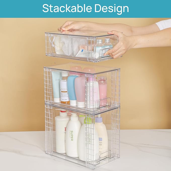 Vtopmart Clear Stackable Storage Drawers, 6 Pack Tall Organizer Set | Tall, Medium and Small Pull-Out PET Drawers with Stackable Design for Bathroom Under-Sink Storage and Vertical Organization