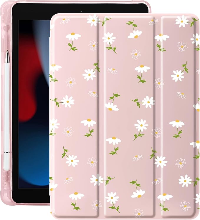 Cute Kawaii Floral Case for 10.2" iPad 9th/7th/8th Generation, Clear TPU Smart Stand Back Cover with Pencil Holder, Auto Wake/Sleep Protective Case for iPad 2021/2020/2019