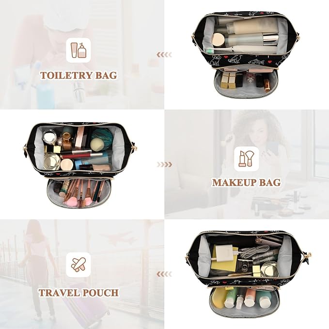 VIGTRO Pets Hearts Lines Makeup Bag Quilted Toiletry Bag Wide Open Cosmetic Bag with Bottles Kit Large Capacity Travel Organizer Pouch for Women