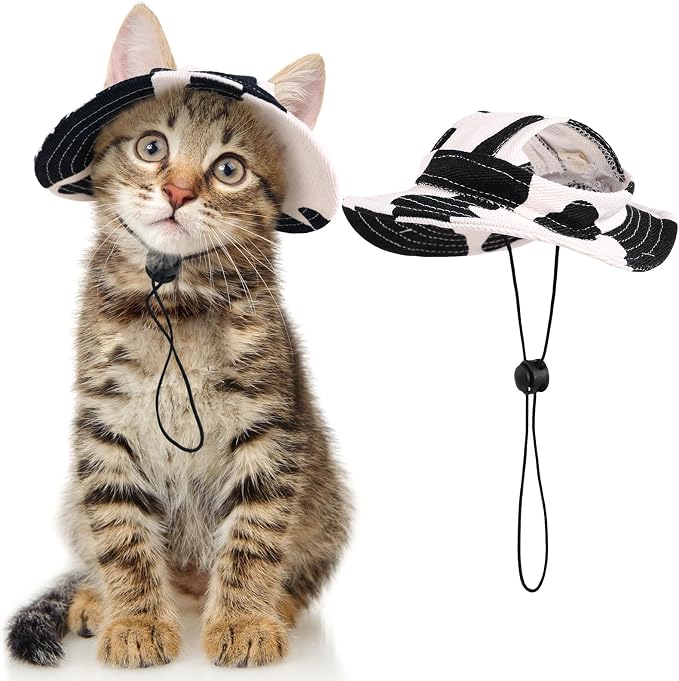 DENTRUN Cat Bucket Hat with Ear Hole, Cotton Birthday Bonnet for Small Pets | Breathable cotton, Adjustable Secures fit, For birthday Party, For small cats, daily cute photos