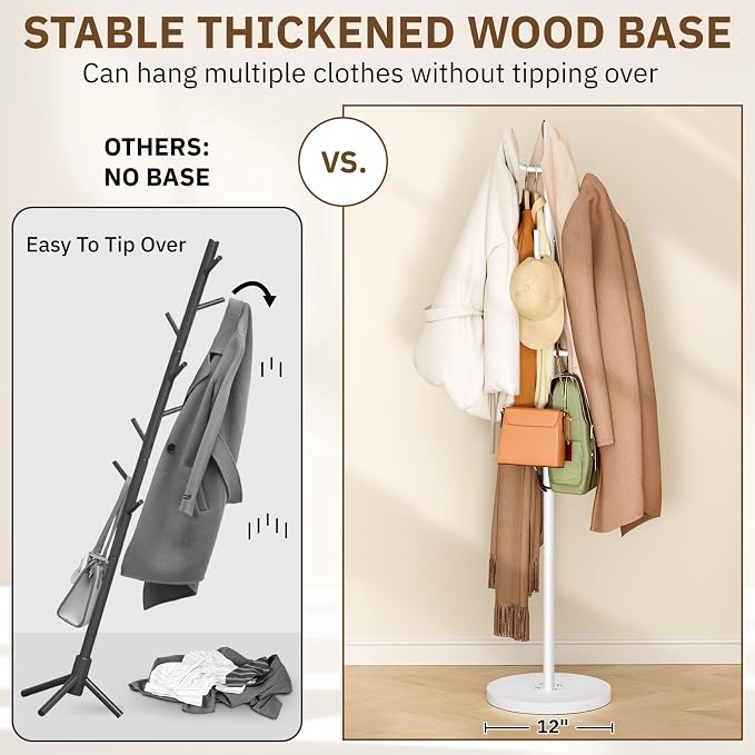 MISSLO Heavy Duty Coat Rack Freestanding 4 Adjustable Size Coat Tree with Stable Wood Base Coat Hanger Stand with 6 Hooks Standing Clothes Tree for Bedroom, White