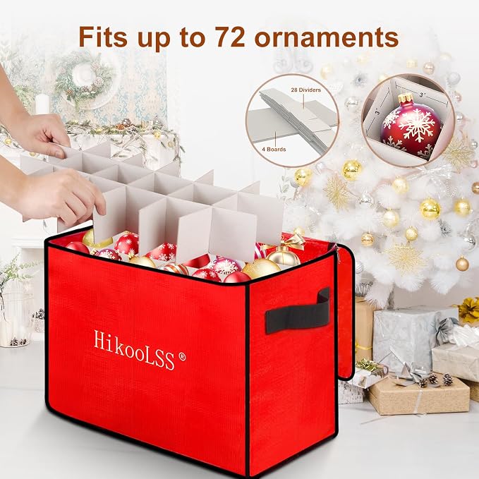 HikooLSS Christmas Ornament Storage Box - Stores up to 72 Holiday Ornaments | With Adjustable Dividers,Covered Top and Two Handles,Double Zipper. PE Material Keeps Holiday Ornaments Clean and Dry (Red)