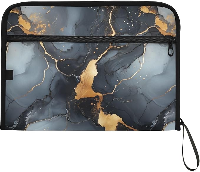 13 Pocket Zipper Expanding File Folder A4 Marble Print Black | Accordion File Organizer with Front Pouch A4 Letter Size Portable Folders for Documents Receipt School Office Supplies