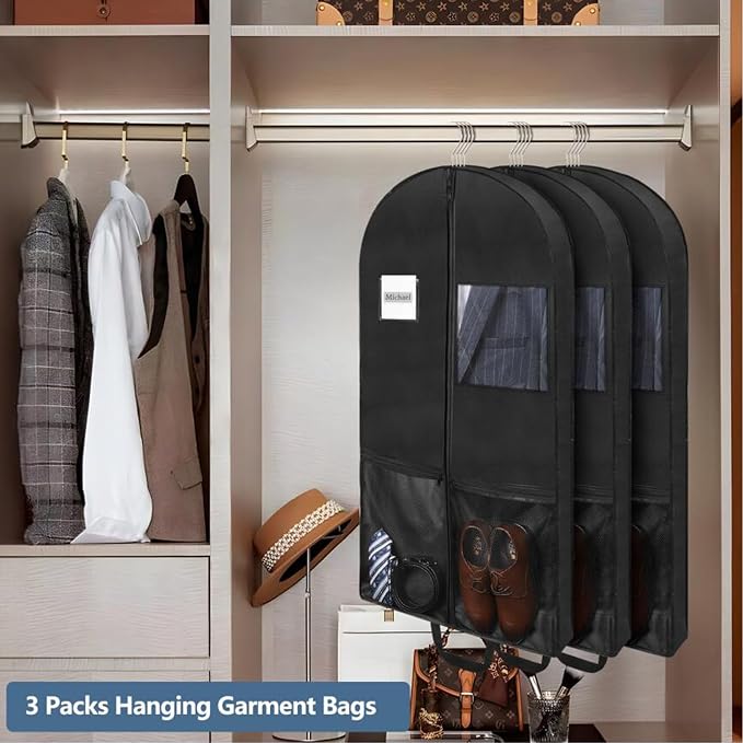 3 Pack 43" Travel Garment Bags for Suit Garment Bags for Closet Storage Hanging Clothes Bag with Carry Handles and 2 Large Pockets, 4" Gussets for Suit Coat, Shirts, Dress