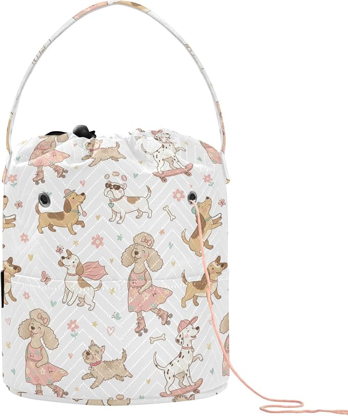 Cute Dogs Pets White Crochet Bag Organizer Portable Yarn Storage Bags with Handle Yarn Holder Small Crochet Accessories Knitting Bag for Knitting Kit Supplies Travel