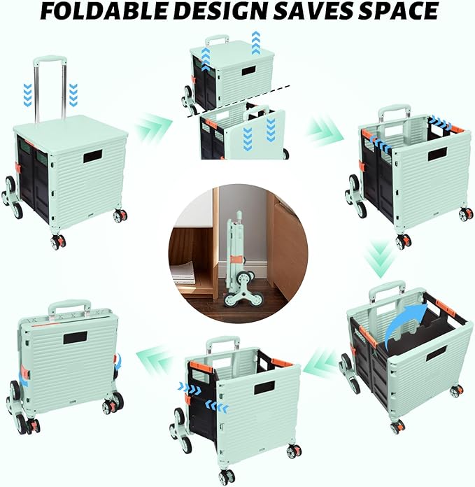 FELICON SELORSS Folding Utility Climber Cart Portable Rolling Crate-Green | Stair Climbing Wheels+360°Swivel Wheels,Telescoping Handle,Plastic Box Dolly for Travel Shop Move Laundry Office Teacher Use