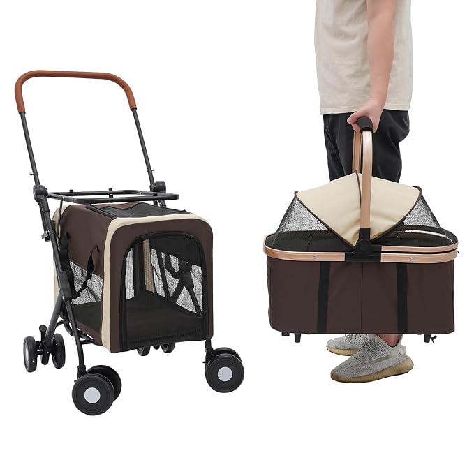Pet Stroller for Small Medium Dogs Up to 77lbs, Folding Pet Carriage Cart for Dogs Cats, 360° Swivel Front Wheels Portable Cat Puppy Jogging Stroller with Storage Pocket & Safety Lock