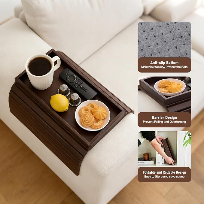 Bamboo Sofa Arm Tray Table, Foldable Couch Arm Tray Side Table, Anti-Falling Armrest Tables Cup Holder for Snacks, Couch Armrest Organizer, Serving Tray for Snacks and Drinks (Brown)