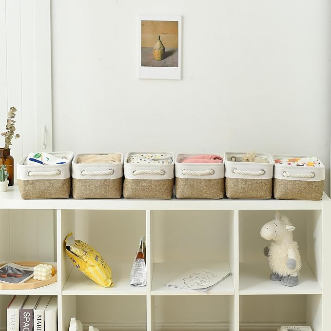 Storage Basket for Organizing - 1 Pack 12x8x5.2 inch Baskets for Gifts Empty with Handles, Fabric Storage Cubes for Organizer Closet Dog Gift Cloth Toy (Whiet & Khaki)