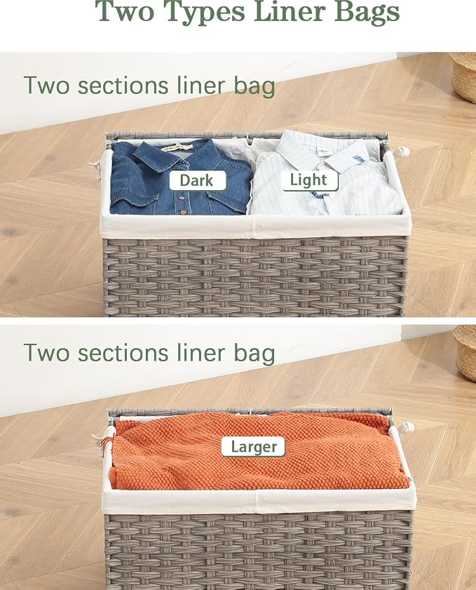 SETVSON Storage Basket with Lid Wicker Baskets for Storage, 160L Gray | Dual Lid Jumbo Blanket Storage Trunk, Divided Clothes Organizer, 2 Washable Liner Bags, Collapsible PE Rattan Bin