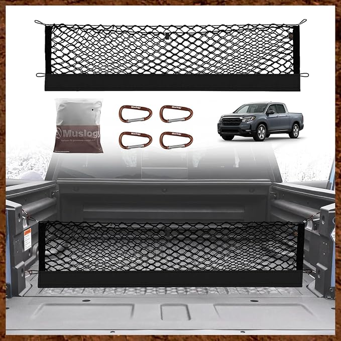 Muslogy Cargo Net for Honda Ridgeline 2017-2025 2026 Accessories | Custom Fit, Trunk Storage Organizer Net for SUV Sedan Van Divider, with Heavy Duty Carabiners, Night Visible Grab Handle