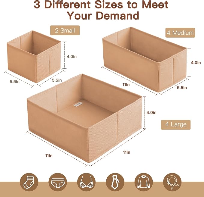 Drawer Organizer Clothes, 10 Pack Dresser Organizer for Baby Clothes, Underwear, Sock- Foldable Closet Organization and Storage Dividers Bins for Nursery, Bedroom (Brown)