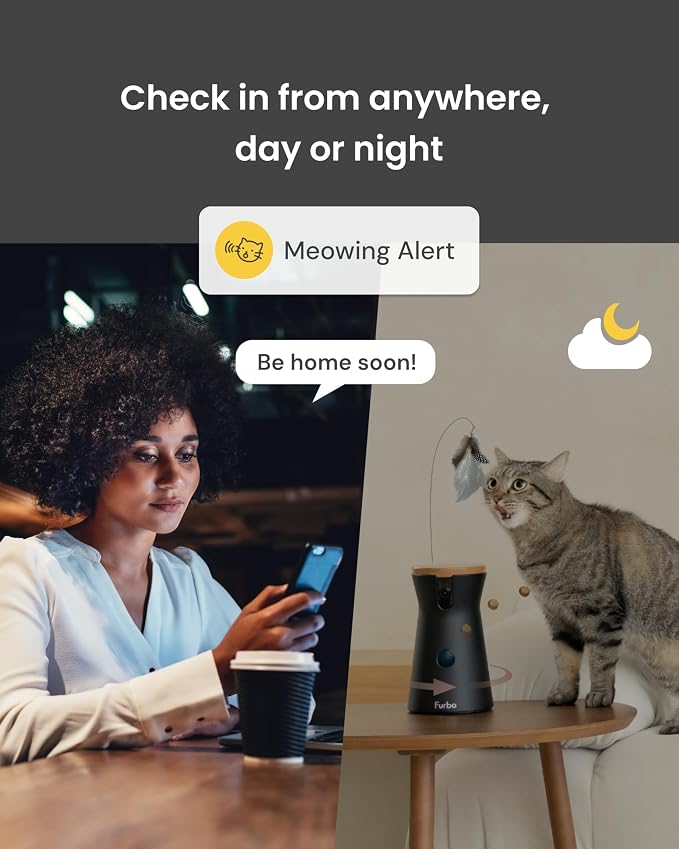 Furbo 360° Cat Camera [No Monthly Fee] | 360° Rotating Live View, Meowing Alerts, Treat Toss, 2-Way Audio, Night Vision, Smart Home Kitten Monitoring, No AI Alerts