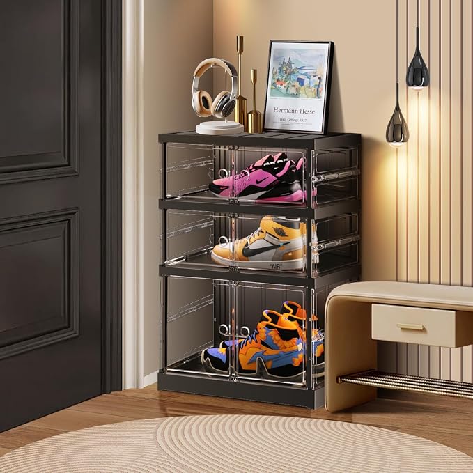 CIMLORD 3-Tier Foldable Shoe Rack, Magnetic Clear Doors, 6 Pairs, Black | Collapsible Narrow Plastic Shoe Cabinet, Stackable, Lidded, Tool-Free Assembly, Fits Boots & Sneakers, Closet & Entryway