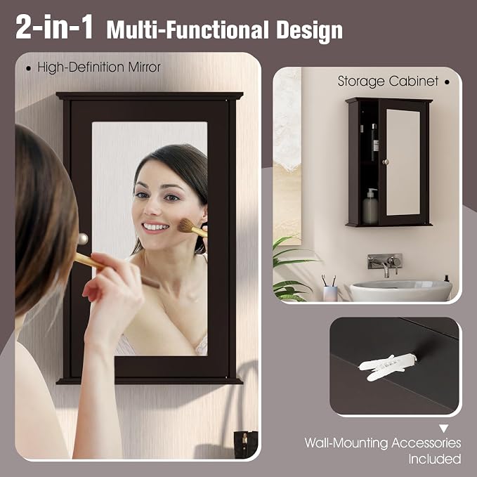 LOKO Bathroom Medicine Cabinet, Wall Mounted Storage Cabinet (Brown) | Single Mirrored Door | Adjustable Shelf | For Bathroom, Living Room, Entryway | 13.5 x 6 x 21 inches