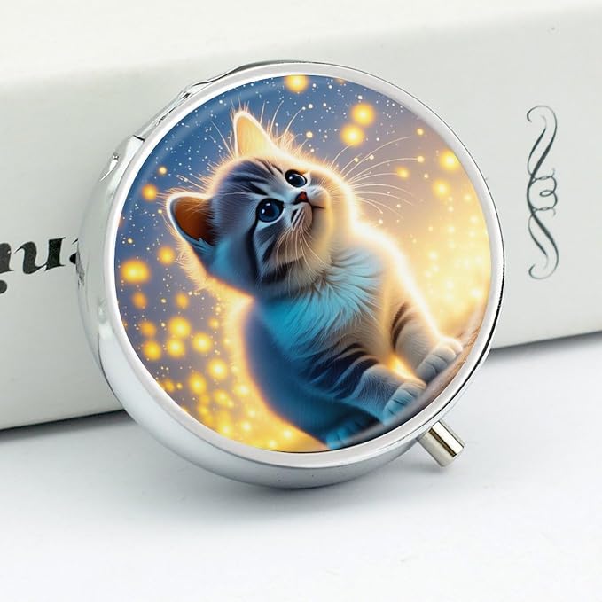 Cute Pet Scene Metal Round Pill Box, 3 Compartment Travel Organizer, Portable Pill Container with Secure Latch, 2 Inch Circular Vitamin Caddy for Pills and Vitamins, Gift for Him Her Elderly