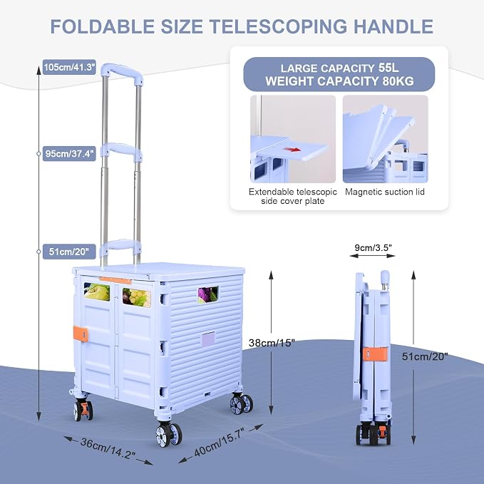 FELICON SELORSS Folding Utility Cart Portable Rolling Crate Handcart-Blue | Magnetic Sliding Lid,Telescoping Handle,Plastic Box Dolly,360°Swivel Wheels for Travel Shop Move Laundry Office Teacher Use