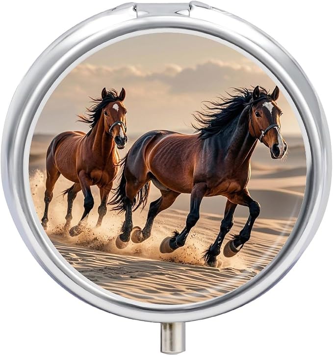 3 Compartment Medicine Pill Case, Horses Running in The Sand Round Pill Box, Portable Decorative Medicine Organizer for Pocket Or Purse Vitamin Organize