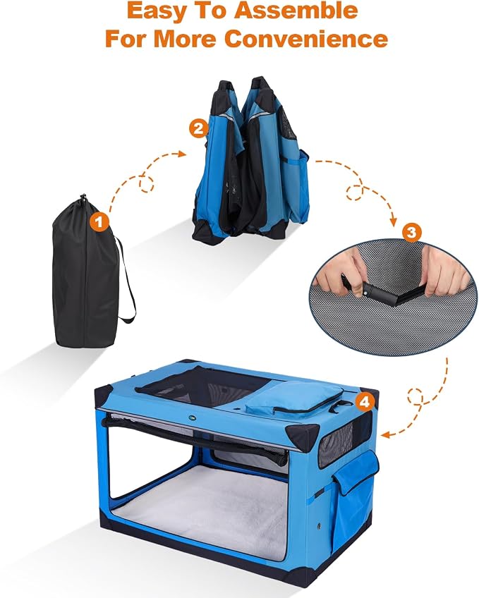 Ownpets 48 inch XXL Collapsible Dog Crate for Large Dogs, Portable Travel Dog Crate, 4-Door Foldable Pet Kennel with Durable Mesh Windows and Soft Mat, Blue | Foldable, Portable, 4-Doors, 4-Side Mesh Windows, Steel Frame Oxford Cloth, Soft Cushion Mat,...