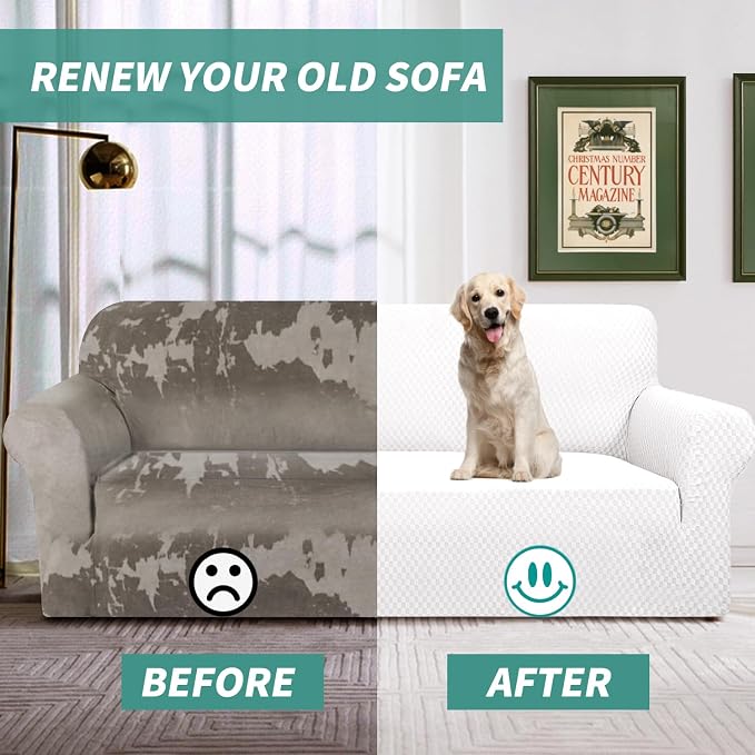 YEMYHOM Couch Cover Latest Jacquard Design High Stretch Sofa Covers for 2 Cushion Couch, Pet Dog Cat Proof Loveseat Slipcover Non Slip Magic Elastic Furniture Protector (Medium, White)