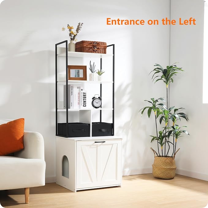 Dwanton Cat Litter Box Enclosure, 3 Storage Shelves and 2 Drawers, 61.8" H | 2-in-1 Hidden Cat Litter Box Enclosure Furniture with Shelf, Metal Frame, Reversible Entrance, Washable Drawers, White