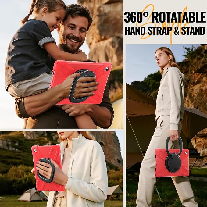Rugged Protective Case Compatible with Samsung Galaxy Tab A11 Plus/A11 + 11" 2023 SM-X230, Military-Grade Shockproof Cover with 360° Rotating Stand & Built-in Screen Protector (Red)