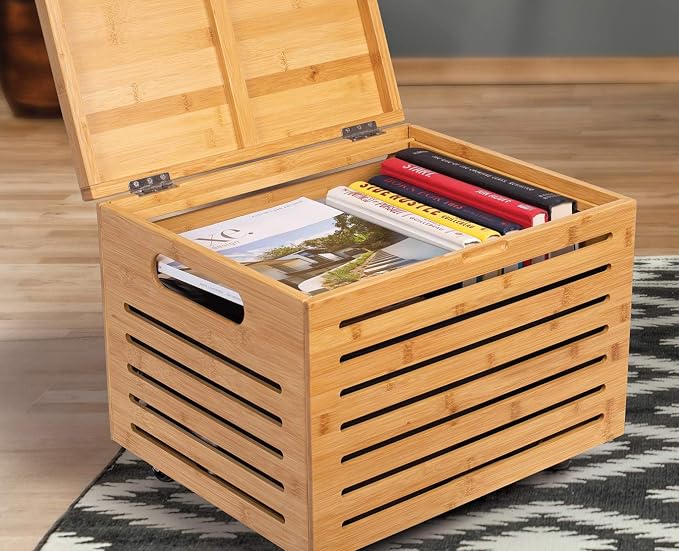 BIRDROCK HOME Rolling File Storage Organizer Box with Lid - Bamboo Decorative Wood Hanging File Box for Letter/Legal Documents, Binders, Blankets - Durable Office Organizer - Natural