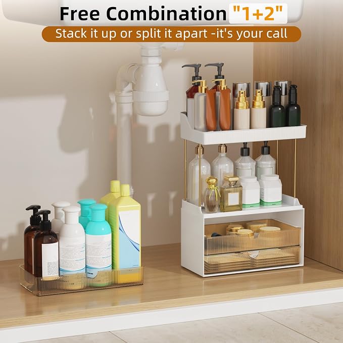 StorBin Arcylic 5-Tier Makeup & Skincare Organizer for Vanity, Bath | Smooth 3 drawers, clear body, gold frame, non-slip, for perfumes, serums, face masks, palettes, vanity & bath counter,Amber