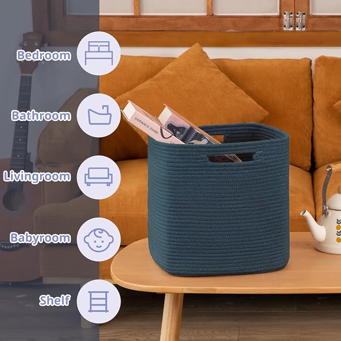 OIAHOMY 2 PACK Cube Storage Bin 13 Inch Collapsible Storage Cube Blue | Cube Storage Organizer Storage Bins for Shelves Baskets for Organizing Woven Rope Storage Baskets