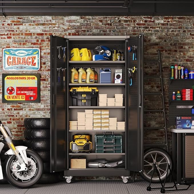 Metal Garage Storage Cabinet with Wheels and Door Pegboard (Pack of 2)