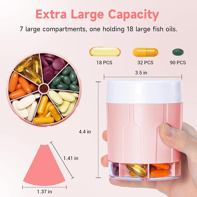 Daviky Pill Bottle Organizer, 7 Large Compartments, Travel Pill Dispenser | Seven large compartments organize daily pills, vitamins and supplements, with dual lids for convenient storage and travel