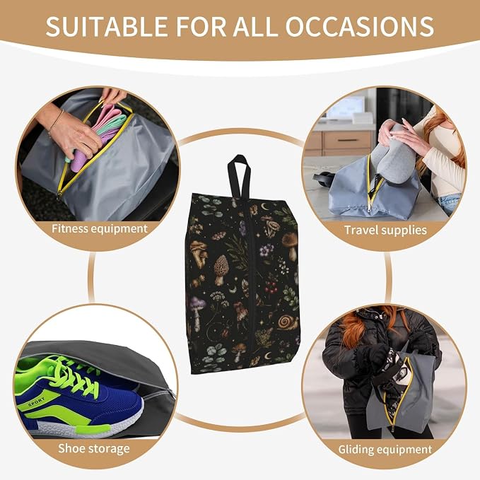 Mystical Witchcore Mushroom Travel Shoe Bag for Men & Women, Waterproof Shoe Storage Organizer with Zipper, Portable Shoe Pouch for Sneakers, Heels, Sandals, Gym & Travel Luggage 2PCS