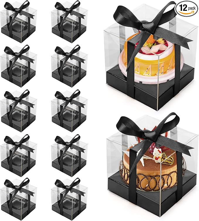 12 PCS Clear Cupcake Boxes 3.5 Inch Cupcake Containers (Black) | Disposable Cupcake Carrier Plastic Individual Cupcake Storage Holder with Ribbons and Inserts for Wedding, Birthday Party