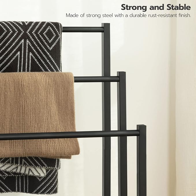 HOOBRO Free Standing Towel Rack, 3 Tier Blanket Rack, Blanket Holder for Bathroom, 16.9" L x 11" W x 31.9" H, Industrial Metal Drying and Display Rack with Shelf, Black BB03LB01