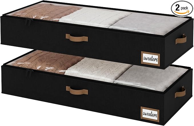 StorageWorks 7 Inch Low Profile Under Bed Storage Containers with Clear Lid | Reinforced Structure, Resists Sagging, Handles & Label Holder, Foldable Stackable Closet Storage for Clothes, Blankets, Toys