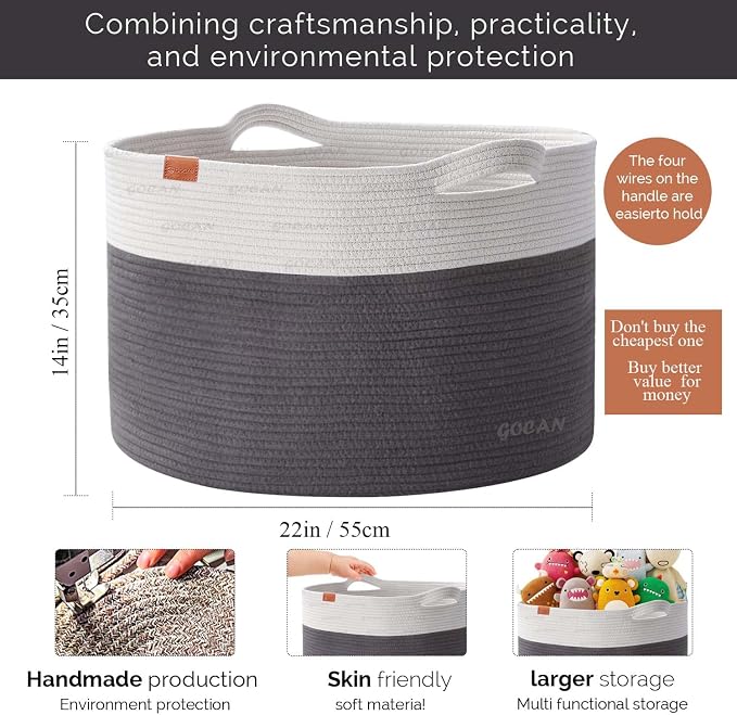 Cotton Rope Woven Laundry Basket 22"X 22"X 14" with handles(Grey/Beige)XXXL | Hand-woven, ideal for storing blankets and cushions in the living room, and clothes for household storage.